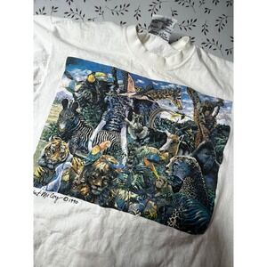 Vintage 1990 Robert McCoy Artwear Jungle Animals T-Shirt White Large Made in USA